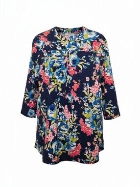 Women's 2X Blue Floral Pullover Top 3/4 Sleeve Button Strap A.Jesdani
